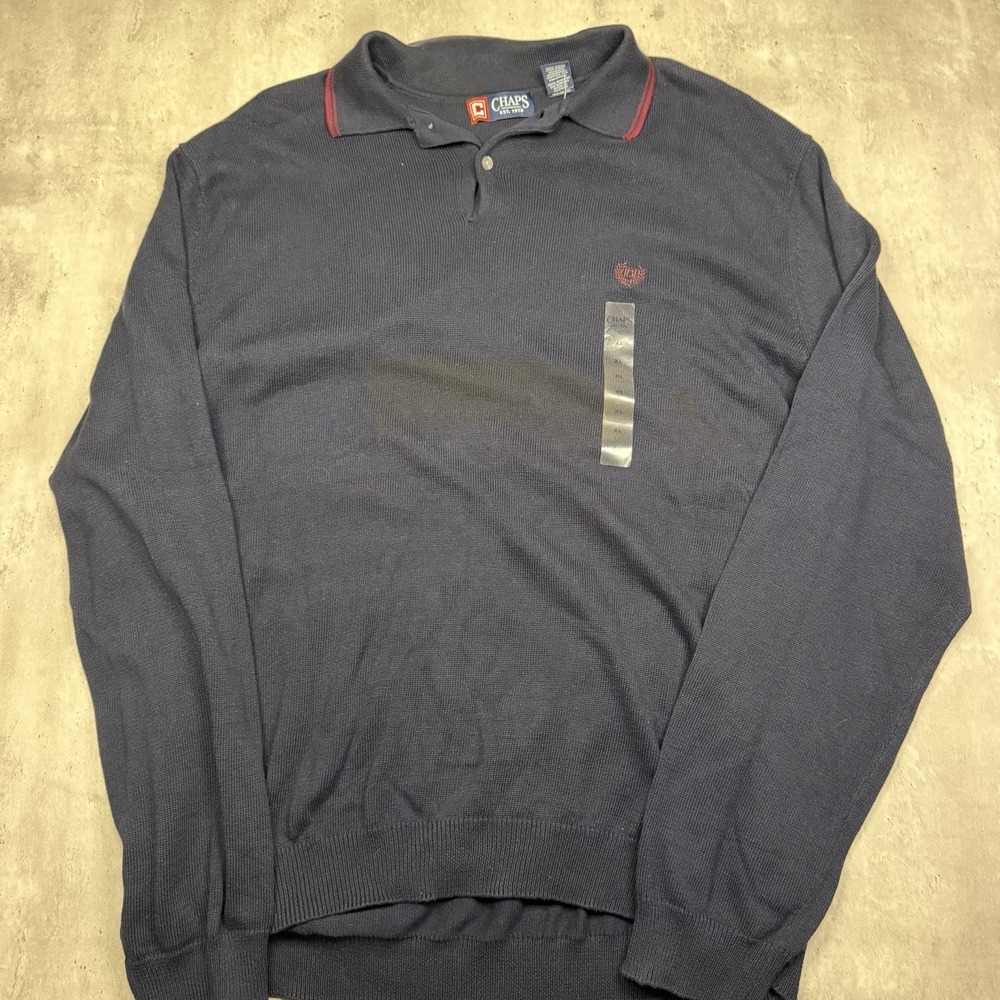 Chaps Ralph Lauren Sweater Polo Mens XL Navy Blue Collard Y2K Prep NWT Knit